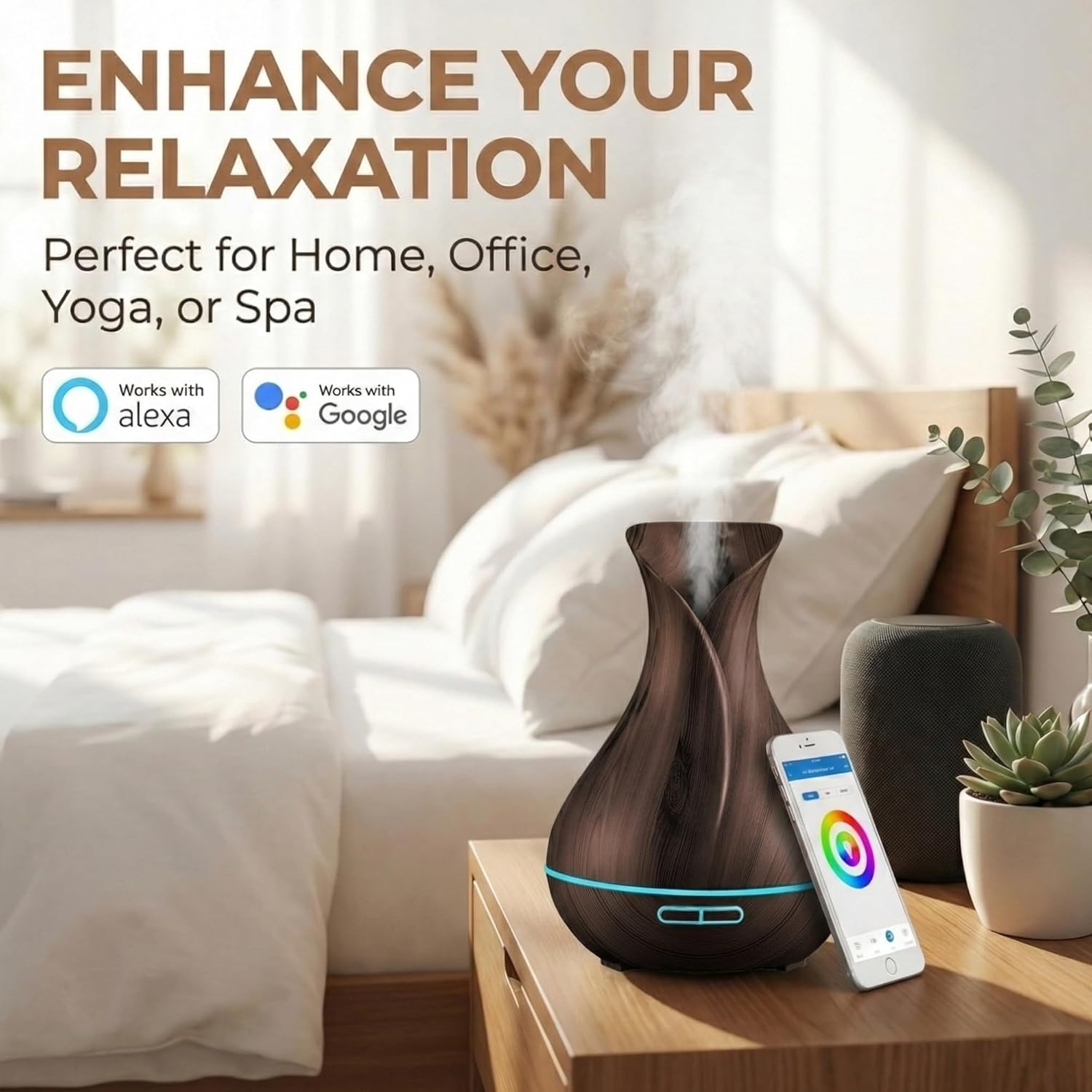 Transform Your Space with the Smart Wifi Humidifier - Aromatherapy Essential Oil Diffuser with App & Voice Control - 400ml Ultrasonic Diffuser for Home - Elegant Dark Brown Design
