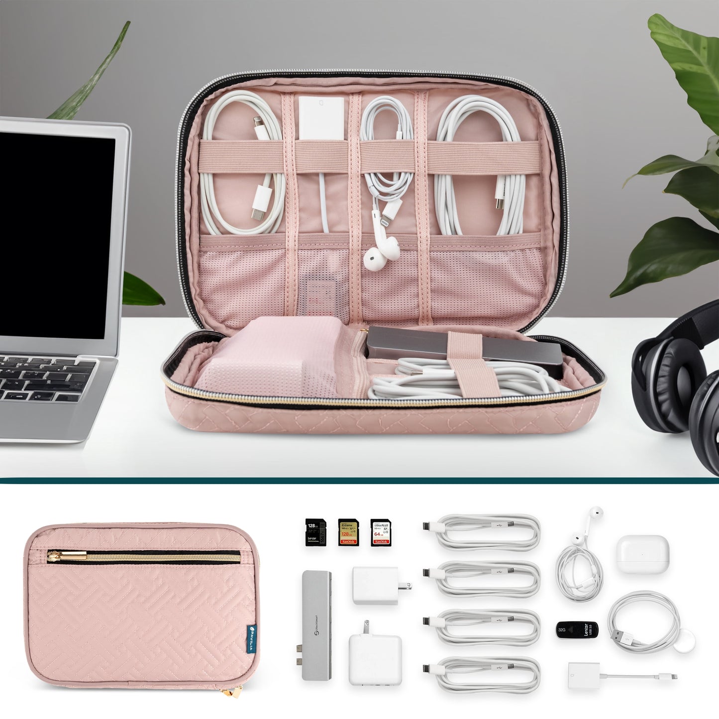 Travel Cord Organizer, Electronic Organizer Travel Case, Tech Organizer Travel Case, Cable Organizer Travel Storage, Small Charger Cord Bag Pouch, Travel Accessories Tech Gifts Men, Pink Quilt