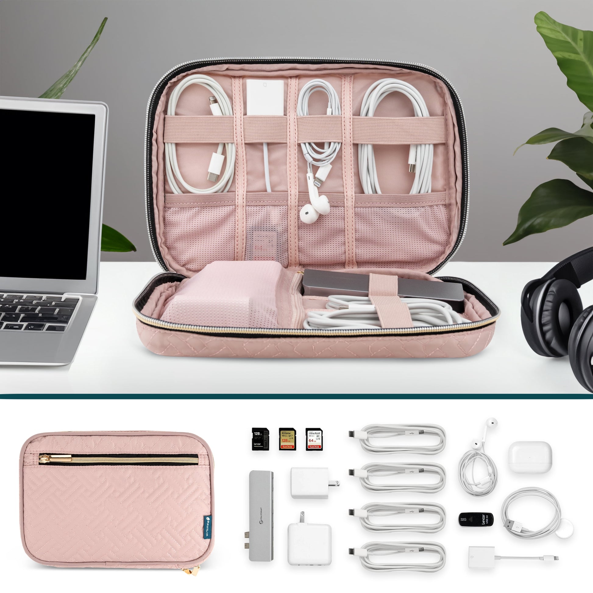 Travel Cord Organizer, Electronic Organizer Travel Case, Tech Organizer Travel Case, Cable Organizer Travel Storage, Small Charger Cord Bag Pouch, Travel Accessories Tech Gifts Men, Pink Quilt