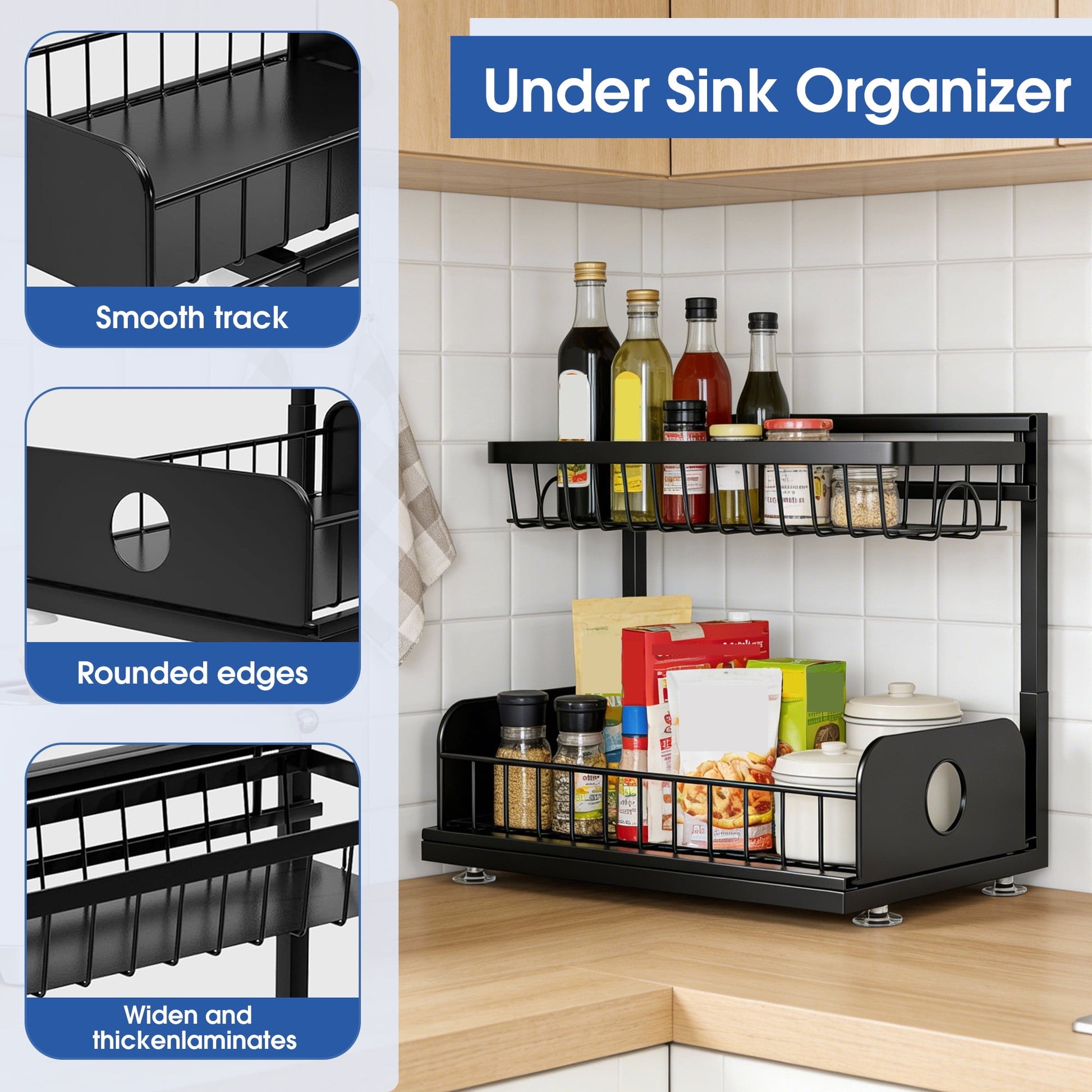 Maximize Your Space with Our 2 Pack Under Sink Organizer - Durable 2 Tier Metal Pull Out Storage Solution for Kitchen and Bathroom