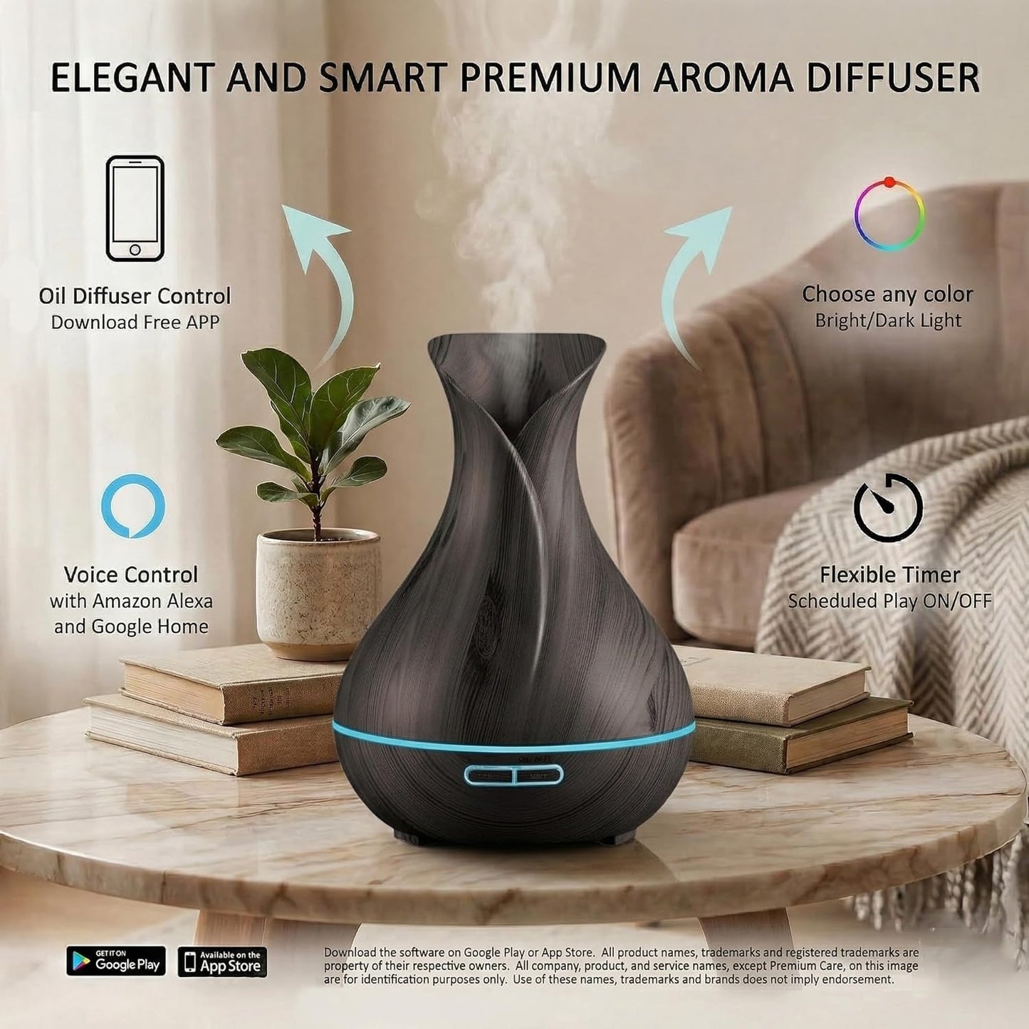 Transform Your Space with the Smart Wifi Humidifier - Aromatherapy Essential Oil Diffuser with App & Voice Control - 400ml Ultrasonic Diffuser for Home - Elegant Dark Brown Design