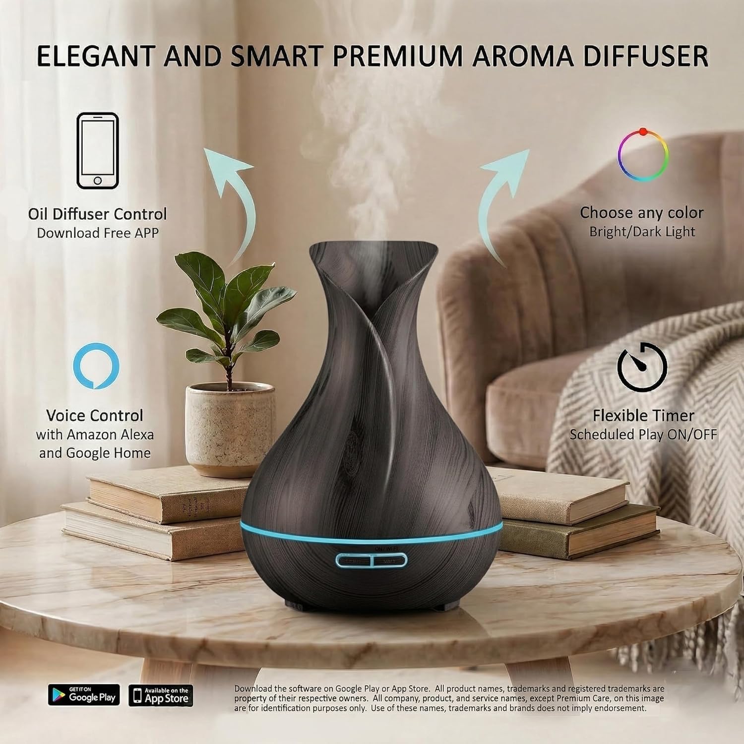 Transform Your Space with the Smart Wifi Humidifier - Aromatherapy Essential Oil Diffuser with App & Voice Control - 400ml Ultrasonic Diffuser for Home - Elegant Dark Brown Design