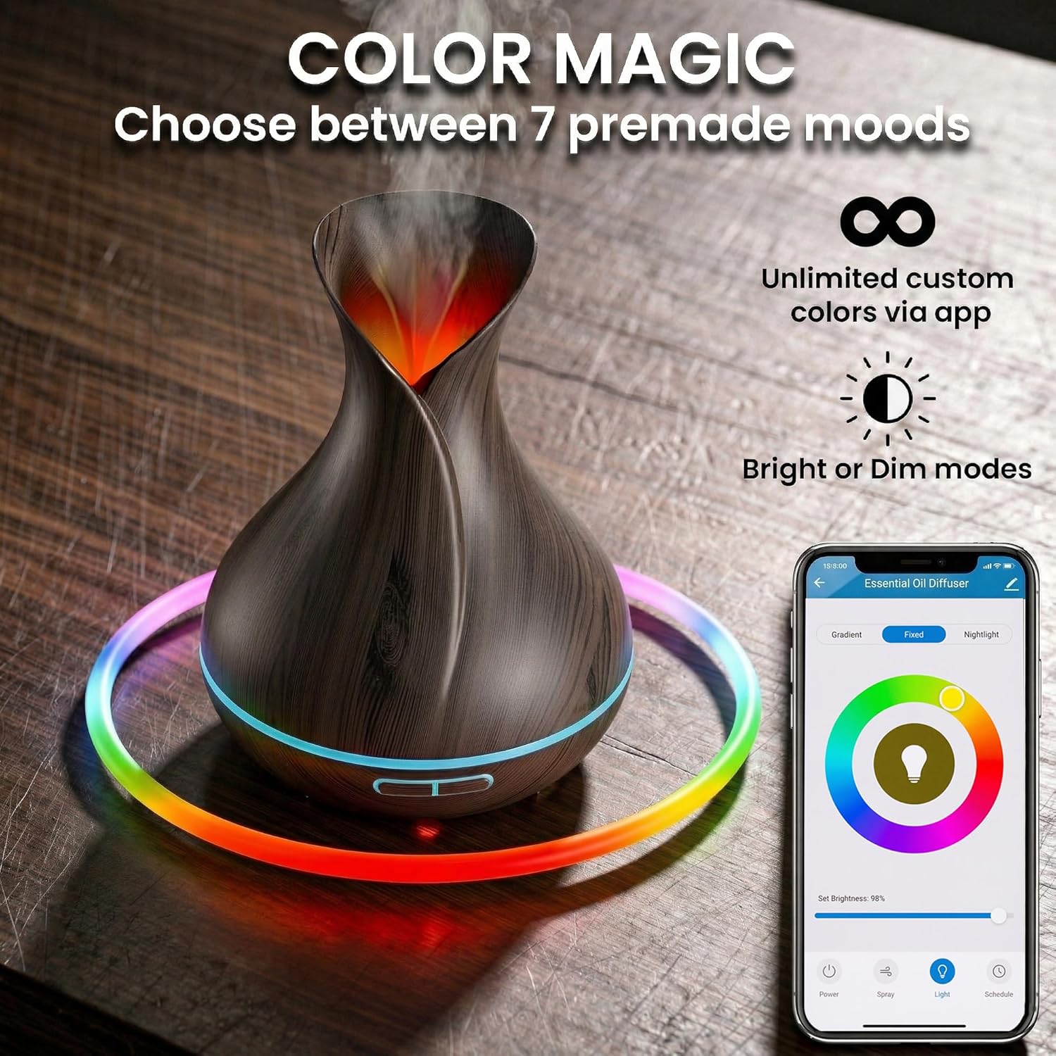 Transform Your Space with the Smart Wifi Humidifier - Aromatherapy Essential Oil Diffuser with App & Voice Control - 400ml Ultrasonic Diffuser for Home - Elegant Dark Brown Design