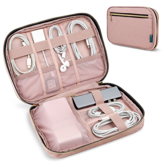 Travel Cord Organizer, Electronic Organizer Travel Case, Tech Organizer Travel Case, Cable Organizer Travel Storage, Small Charger Cord Bag Pouch, Travel Accessories Tech Gifts Men, Pink Quilt