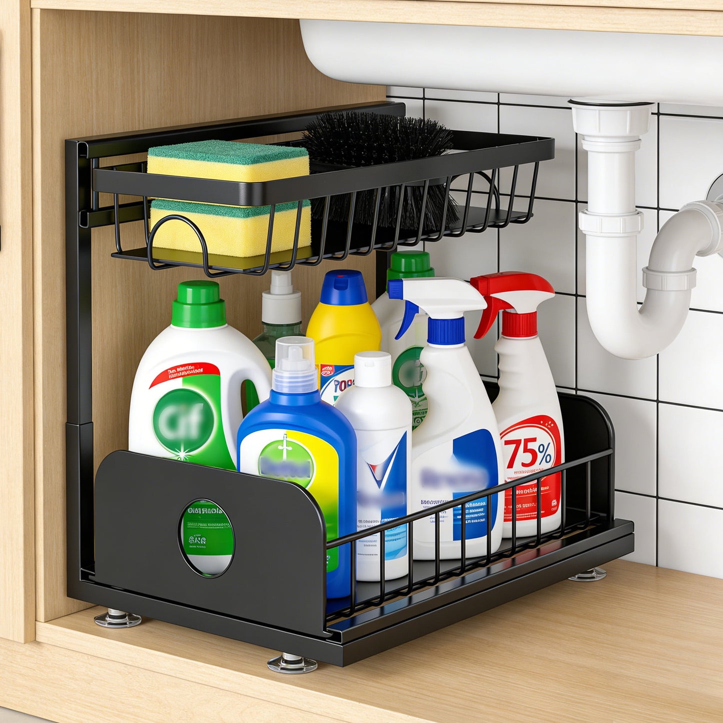 Maximize Your Space with Our 2 Pack Under Sink Organizer - Durable 2 Tier Metal Pull Out Storage Solution for Kitchen and Bathroom