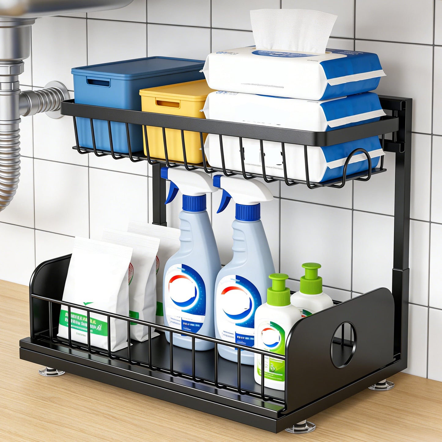 Maximize Your Space with Our 2 Pack Under Sink Organizer - Durable 2 Tier Metal Pull Out Storage Solution for Kitchen and Bathroom