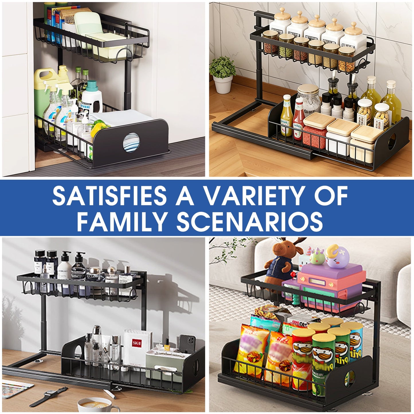 Maximize Your Space with Our 2 Pack Under Sink Organizer - Durable 2 Tier Metal Pull Out Storage Solution for Kitchen and Bathroom