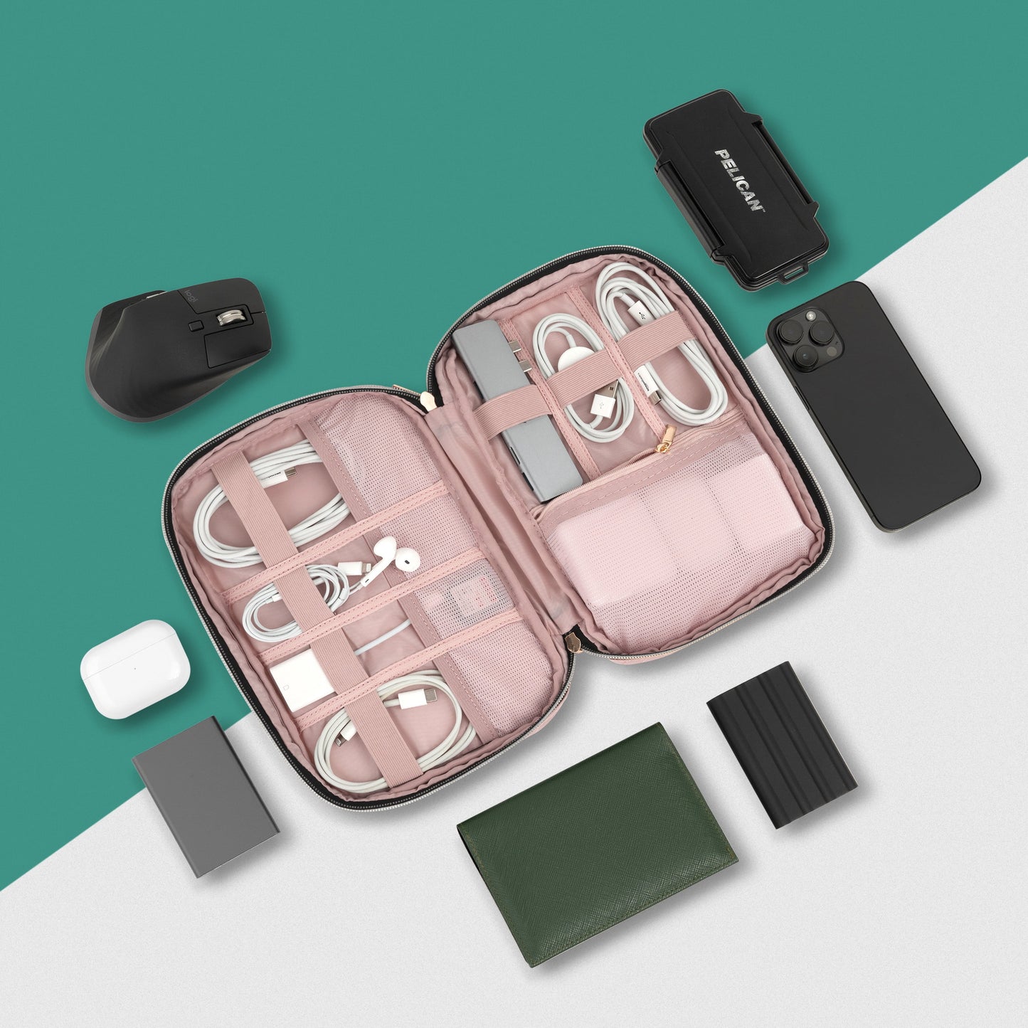 Travel Cord Organizer, Electronic Organizer Travel Case, Tech Organizer Travel Case, Cable Organizer Travel Storage, Small Charger Cord Bag Pouch, Travel Accessories Tech Gifts Men, Pink Quilt