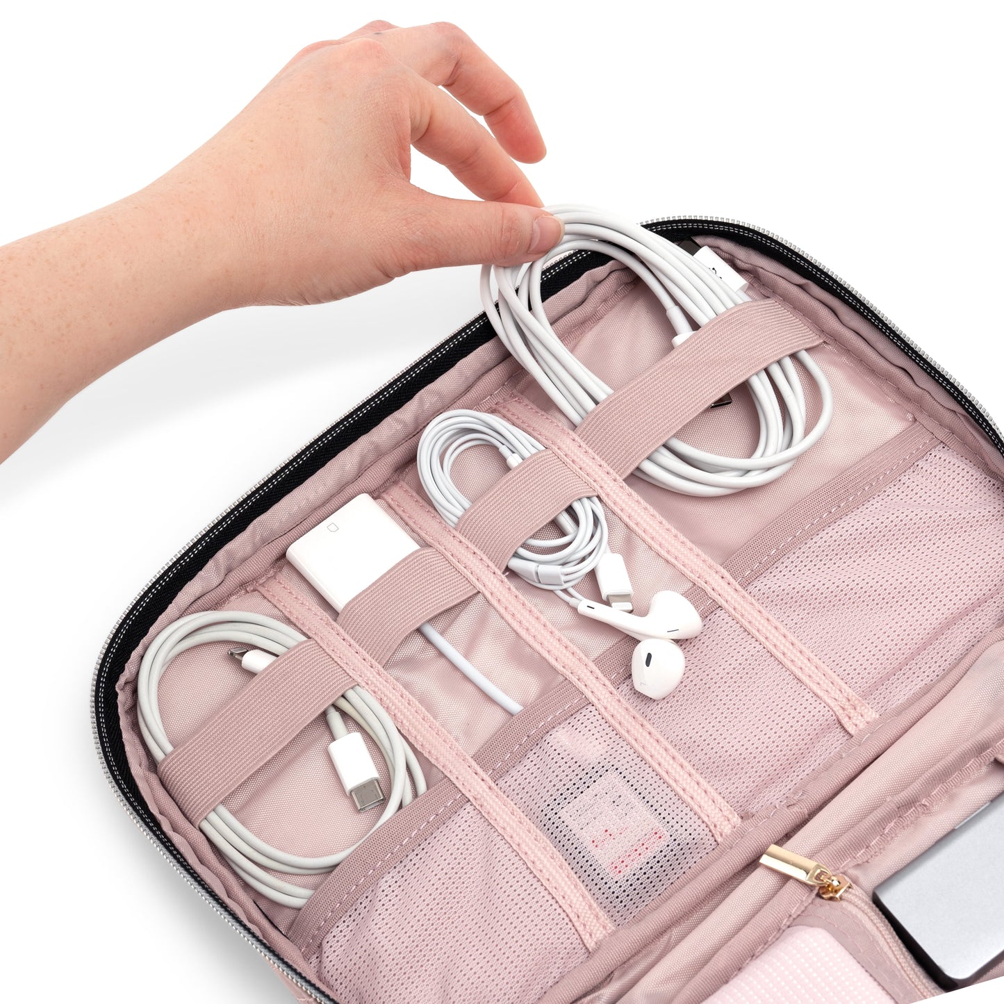 Travel Cord Organizer, Electronic Organizer Travel Case, Tech Organizer Travel Case, Cable Organizer Travel Storage, Small Charger Cord Bag Pouch, Travel Accessories Tech Gifts Men, Pink Quilt